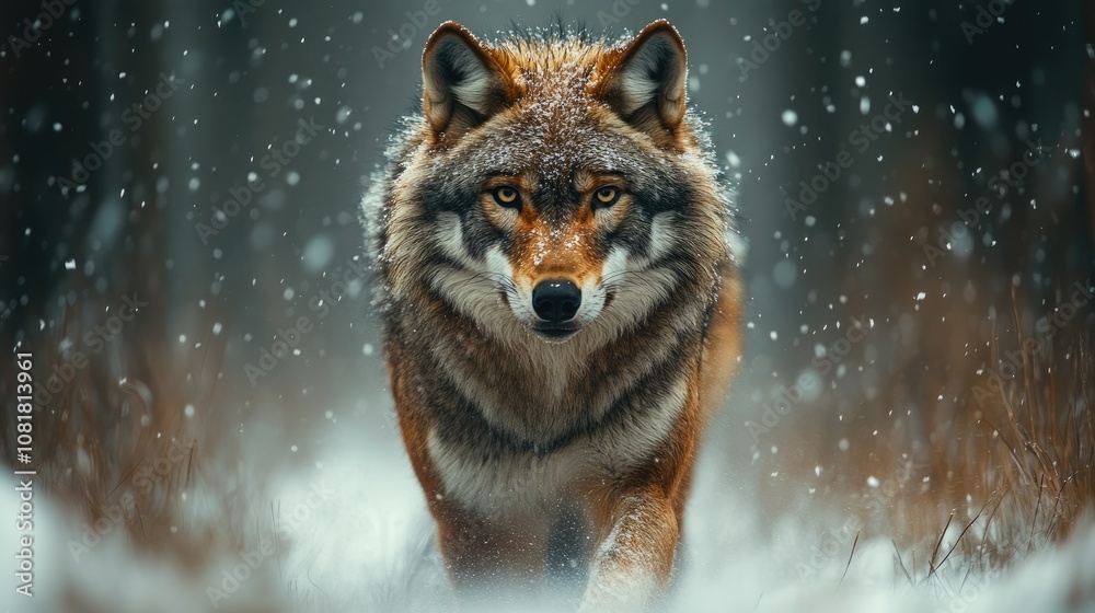 A lone wolf walks through a snowy forest, looking directly at the camera. A lone wolf walks through a snowy forest, looking directly at the camera.