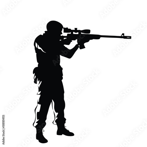 A man in a military uniform is holding a rifle. He is wearing a backpack and has a rifle in his hand