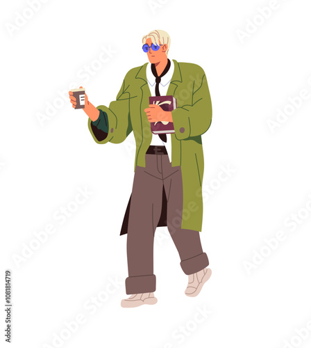 Stylish person in raincoat carries paper cup of takeaway coffee. Young man with glasses holds books, walks. Hipster in fashion autumn outfit hurries. Flat isolated vector illustration on white