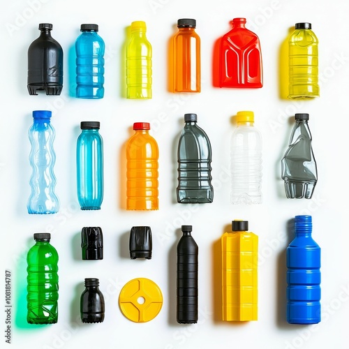 Colorful plastic bottles arranged on white background.