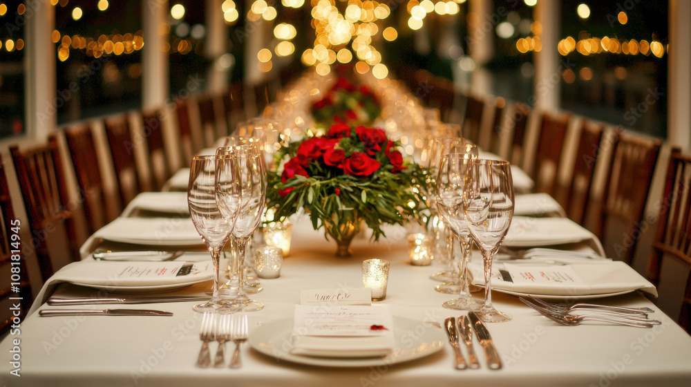 Fototapeta premium Elegant outdoor dinner party with twinkling lights, beautiful floral centerpieces, and warm, inviting atmosphere. Perfect for celebrations and gatherings