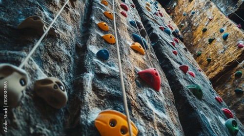 A rock climbing gym with climbers on textured walls, indoor setting with safety ropes, Adventurous style