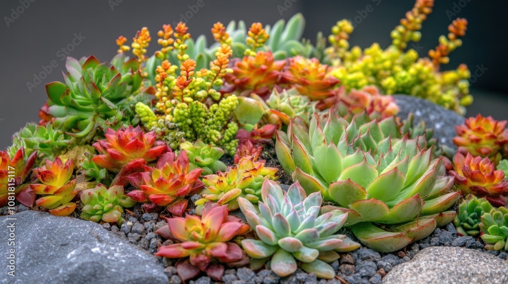 Variety of succulents in close-up, showcasing unique shapes and textures, forming a stylish background Variety of succulents in close-up, showcasing unique shapes and textures, forming a stylish background
