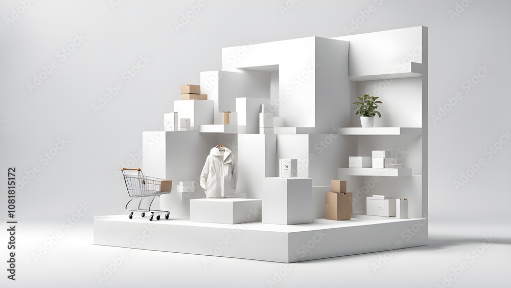 Minimalist white display with a shopping cart, clothing, boxes, and plants. Minimalist white display with a shopping cart, clothing, boxes, and plants.