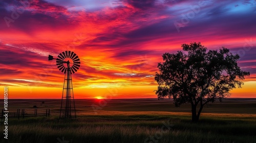 Vibrant Kansas Sunset with Windmill, Trees, and Hutchinson Silhouette - Rural Landscape Concept in Colorful Evening Twilight photo