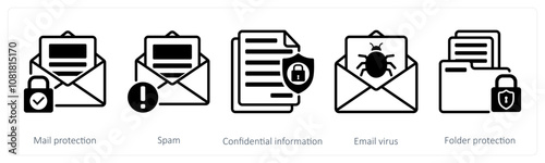 A set of 5 security icons as mail protection, spam, confidential information