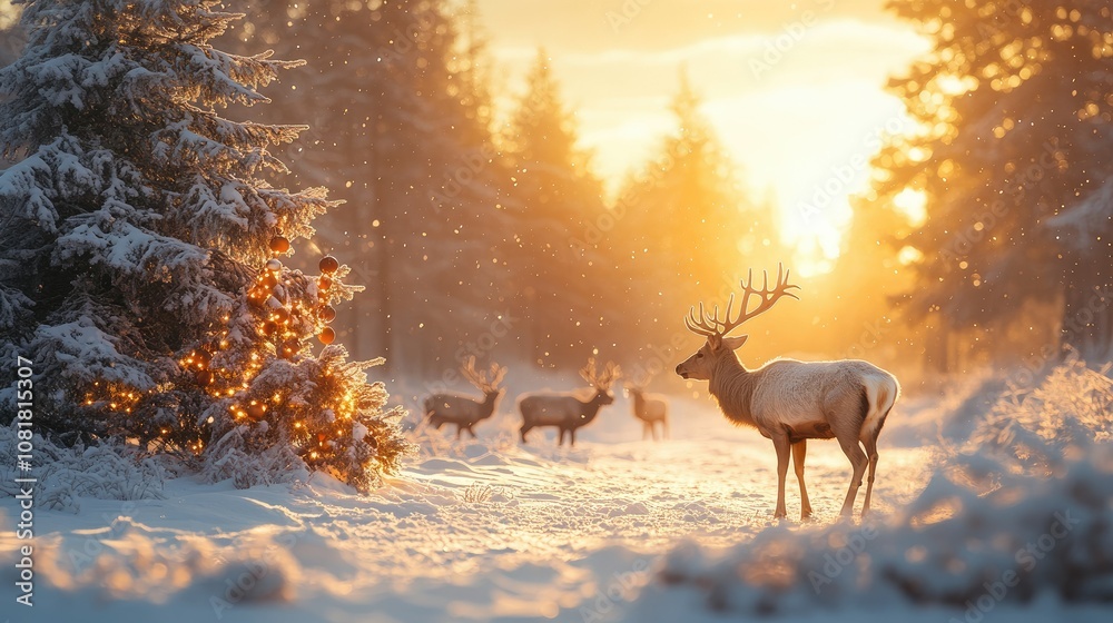 A majestic white-tailed deer stands in a snowy forest at sunset, with other deer in the background. A majestic white-tailed deer stands in a snowy forest at sunset, with other deer in the background.