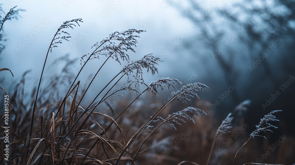 32.A close-up of dried grass and wild reed plants with fragile, curling collars, standing against a misty, blurred autumn sky. The dark branches of trees add a somber tone, and the defocused 32.A close-up of dried grass and wild reed plants with fragile, curling collars, standing against a misty, blurred autumn sky. The dark branches of trees add a somber tone, and the defocused