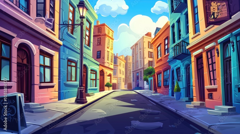 A Sunlit Street with Colorful Buildings and a Lamppost A Sunlit Street with Colorful Buildings and a Lamppost