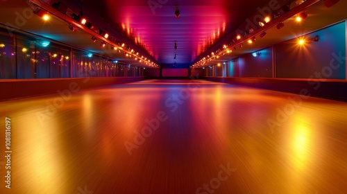 A roller skating rink with smooth wooden flooring, indoor setting with vibrant disco lights, Retro style