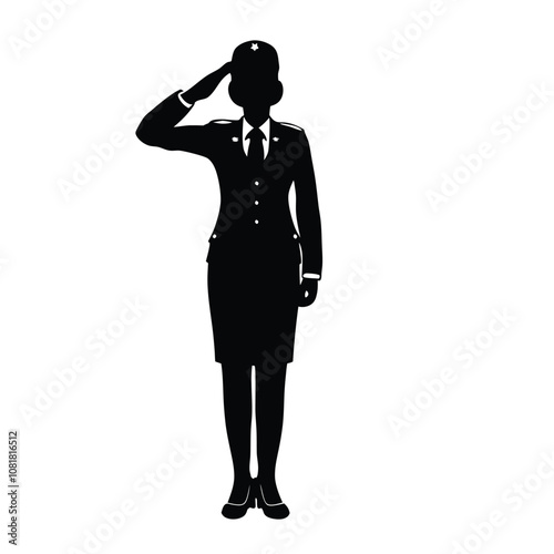 A woman in a military uniform is saluting. She is wearing a hat and a tie. She is standing in front of a white background