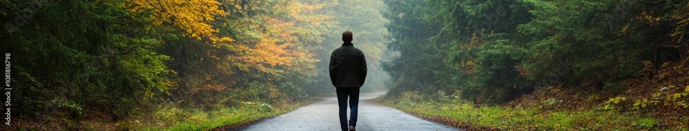 Obraz premium A solitary figure walks along a misty forest path in autumn
