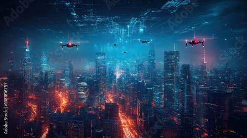 Futuristic cityscape with drones flying over illuminated city at night.