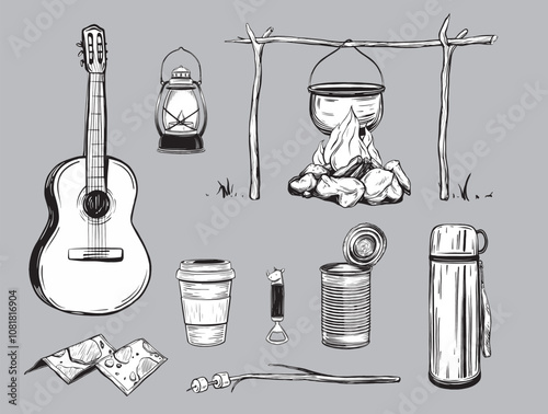 Camping clipart pot or boiler on Fire and Thermos and fried marshmallow hand drawn in doodle style . Set of vector illustrations in ink linear style kerosene lantern, bottle opener, tin can, map.