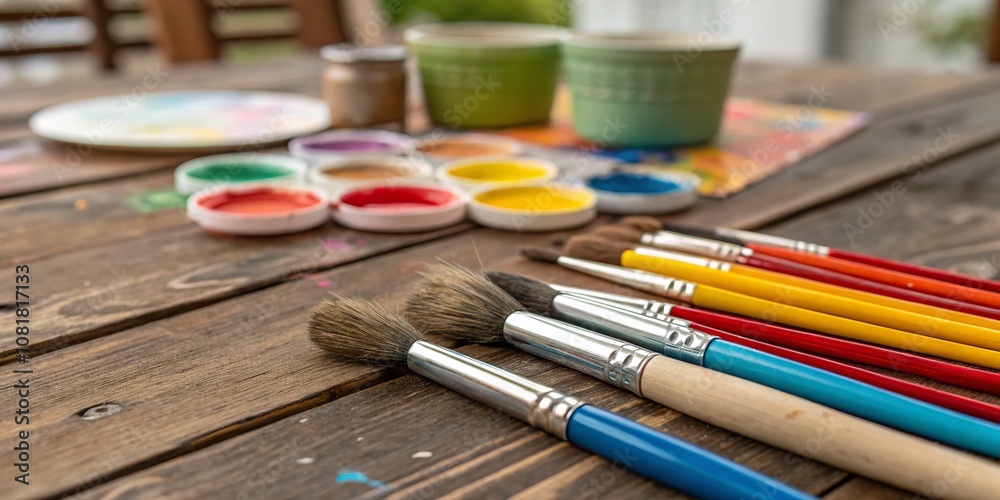 Obraz premium Candid Photography of a Colorful Set of Brushes on a Wooden Table, Showcasing Artistic Tools and Their Textures in a Natural Light Environment for Creative Inspiration