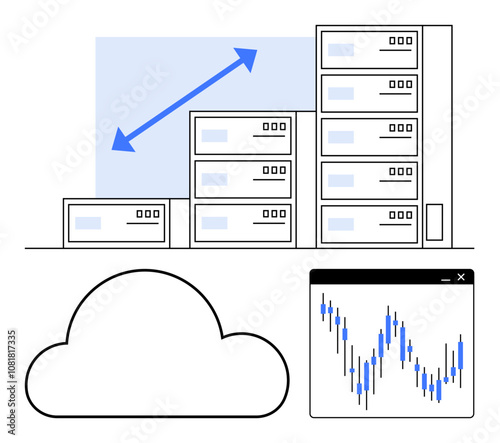 Server racks ascending in size with upward arrow, cloud icon below, and a line graph representing data analysis Ideal for tech growth, cloud storage, data analytics, business scaling, IT