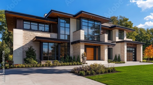 A house model with a contemporary exterior design, showcasing clean lines, large windows, and modern architectural features