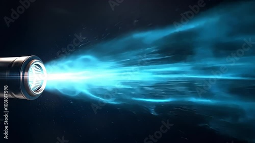 A flashlight emitting a bright blue beam of light, creating a dynamic effect as it cuts through the darkness. photo