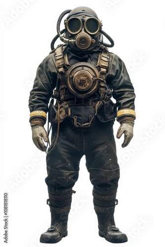Man in old diving suit with gas mask.
