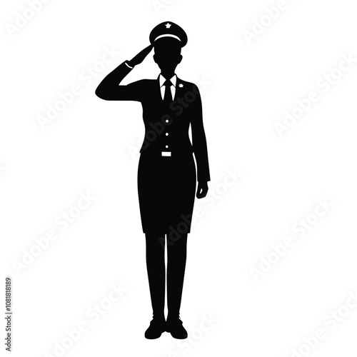A woman in a military uniform is saluting. She is wearing a hat and a tie. She is standing in front of a white background