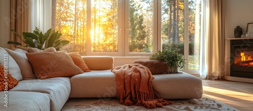 Cozy living room with large window, fireplace, and comfortable sofa.