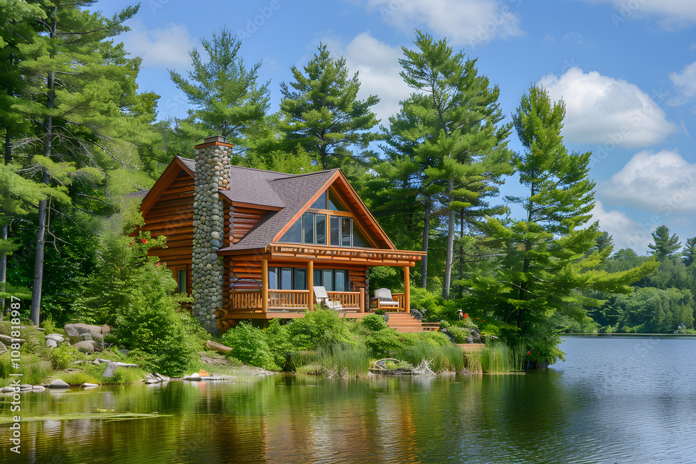 Quintessential Vacation Log Cabin Nestled Between Pristine Lake and Dense Pine Forest Quintessential Vacation Log Cabin Nestled Between Pristine Lake and Dense Pine Forest