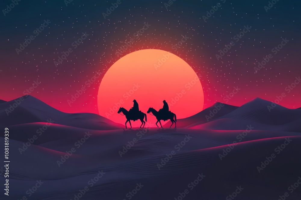Fototapeta premium Three kings' day celebration desert landscape artistic illustration sunset view generative ai concept