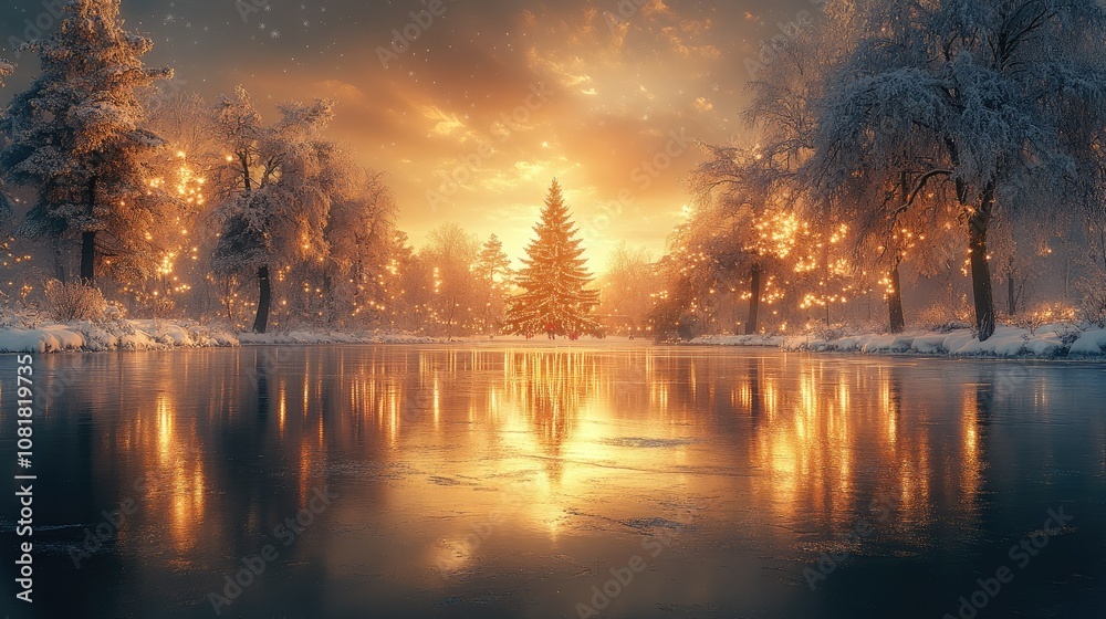 A single pine tree stands tall in a snowy forest with a frozen lake in the foreground as the sun sets in the distance. A single pine tree stands tall in a snowy forest with a frozen lake in the foreground as the sun sets in the distance.