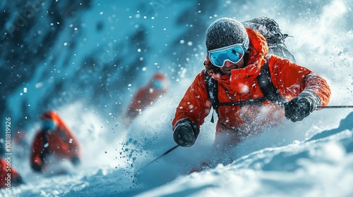 A skier in orange ski suit, goggles, and backpack carves through powder snow on a mountain slope.