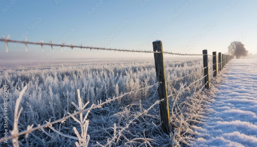 Hoarfrost on a wire fence in a winter field Hoarfrost on a wire fence in a winter field