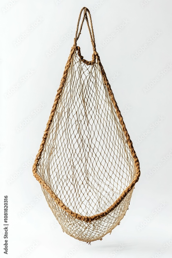 Obraz premium An empty, brown fishing net hangs on a white background.