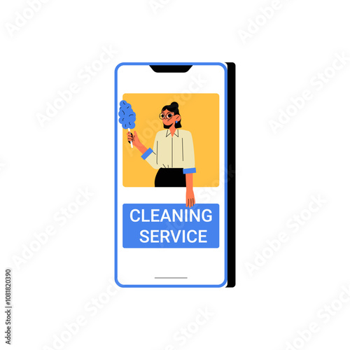 Smartphone With Cleaning Service App And Female Cleaner In Flat Vector Illustration Symbolizing Home Maintenance, Cleaning Services, And Convenience, Isolated On White Background.