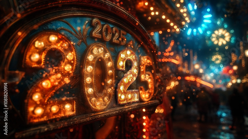 Eye-catching New Year celebration with colorful fireworks bursting into the night sky, surrounded by vibrant decorations and flashing lights, capturing the joy and excitement of welcoming 2025.