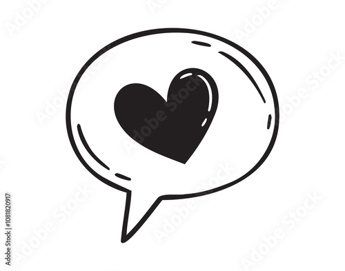 Speech bubble with a heart hand drawn line doodle style. Isolated love heart message.