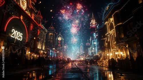Eye-catching New Year celebration with colorful fireworks bursting into the night sky, surrounded by vibrant decorations and flashing lights, capturing the joy and excitement of welcoming 2025.
