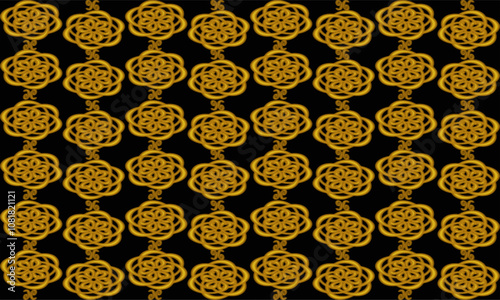 Yellow Gold drawing flower as repeat pattern on black background, vector, replete pattern image designed for fabric printing grid block, vertical strip, gold chain