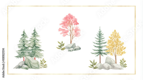 Watercolor tree set. Hand painted pine, spruce, birch, pine, pine, fir, birch, pine. Isolated on white background.