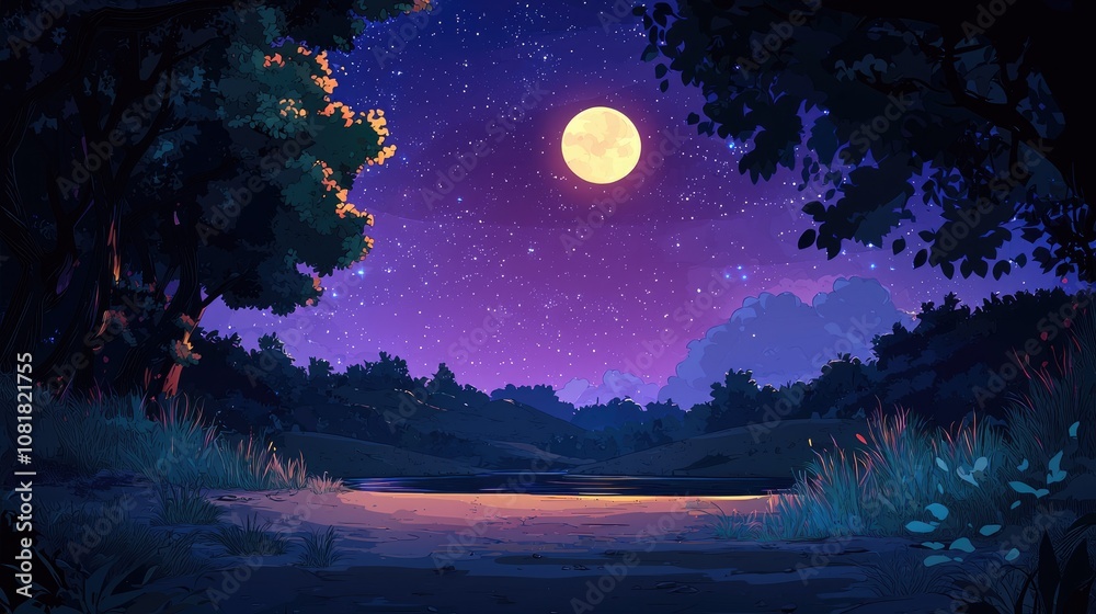 Nighttime Landscape with Full Moon and Starry Sky Nighttime Landscape with Full Moon and Starry Sky