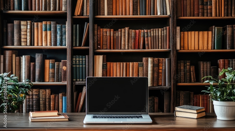 Library desk with books and laptop Library desk with books and laptop