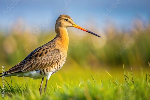 Close-up of black tailed godwit in Dutch landscape