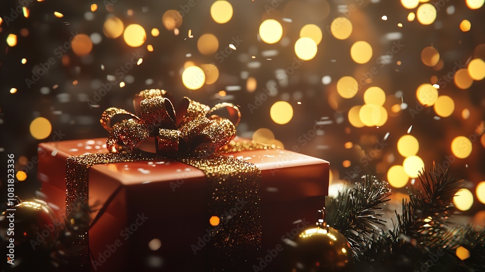 Christmas Gift Box and Trinkets on a Background of Unfolded Gift Wrap Christmas Gift Box and Trinkets on a Background of Unfolded Gift Wrap