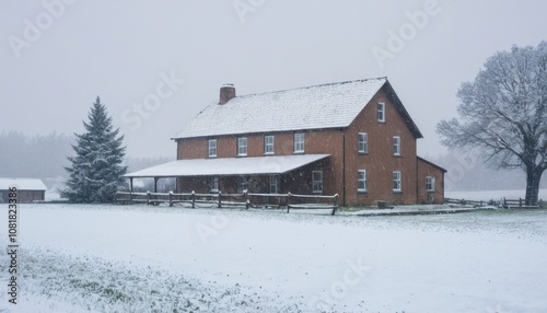 Thick snow falling over a rural farmhouse