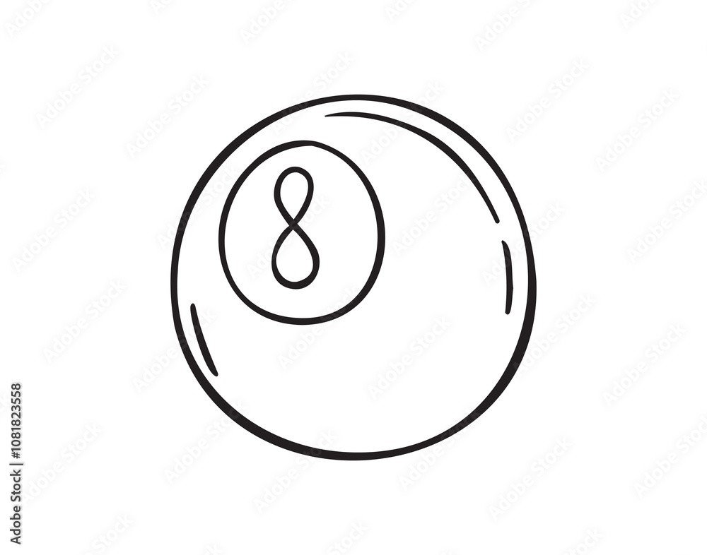 Hand drawn doodle billiard ball number 8 icon. Outline isolated billiard ball number eight on white background. Hand drawn doodle billiard ball number 8 icon. Outline isolated billiard ball number eight on white background.