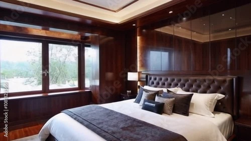 bedroom in hotel with outside view from window 