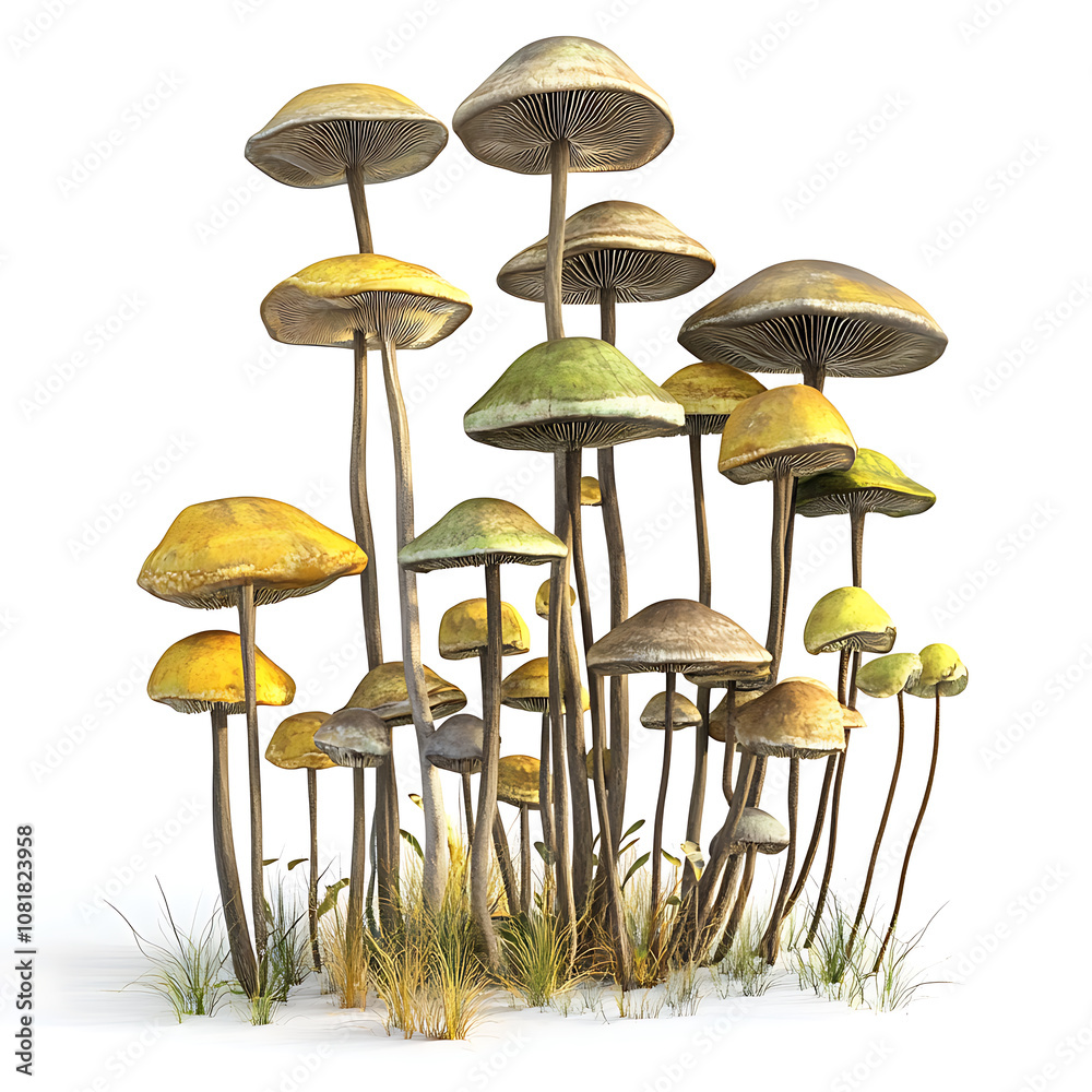 A cluster of vibrant, colorful mushrooms growing naturally in a field during daylight hours, showcasing unique shapes and textures A cluster of vibrant, colorful mushrooms growing naturally in a field during daylight hours, showcasing unique shapes and textures