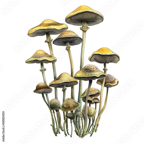 A cluster of wild mushrooms growing in a forest during early autumn, featuring distinct caps and varying heights among the stalks