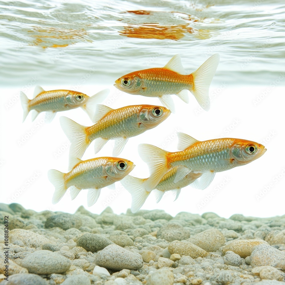 Fototapeta premium Four goldfish swimming over riverbed rocks.