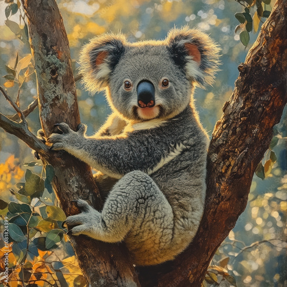 Fototapeta premium A cute koala bear sitting on a tree branch, looking at the camera.