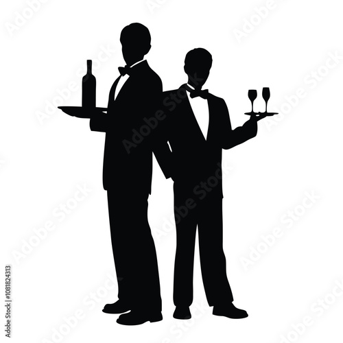 Two men in suits holding a tray with wine glasses and bottles. One of the men is wearing a tie