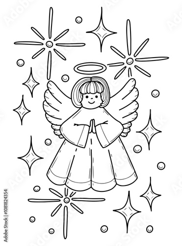 Coloring book Christmas angel hand drawn. Prayer for peace. Heaven, star, wings, halo. Cute character. Festive joy. Holiday event. Vector outline art illustration. Page for kids and adults.